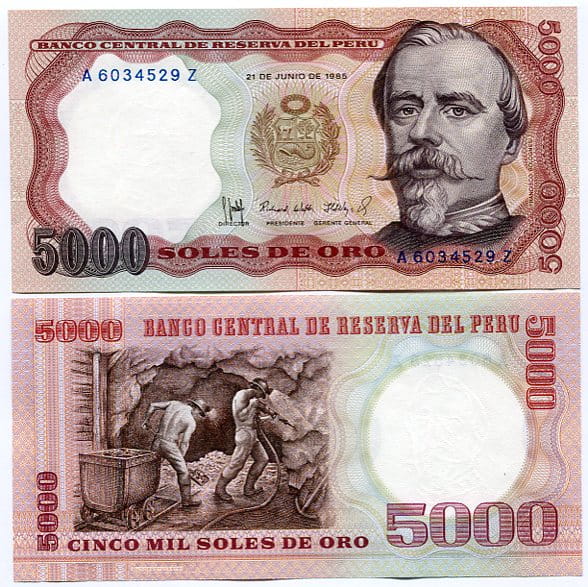 Peru 5000 Soles de Oro 1985 r. UNC
