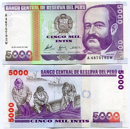 Peru 5000 Soles 1988 r. UNC