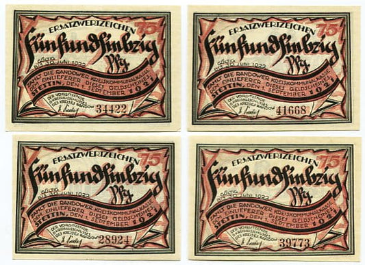 Zestaw 4 Notgeld Szczecin Stettin 1921 r. 75 pfennig