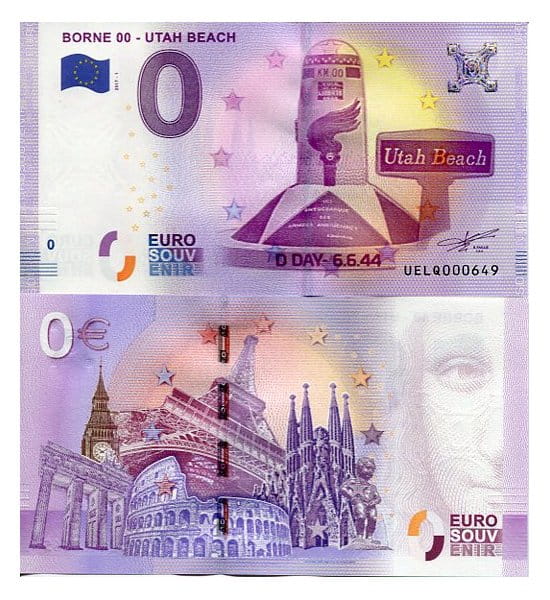 Banknot 0 Euro Francja - Borne 00 Utah Beach