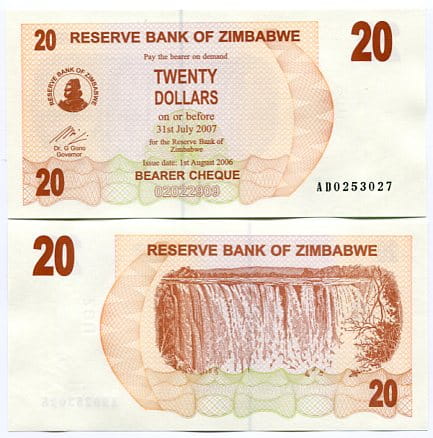 Zimbabwe 20 Dollar 2006 r. UNC