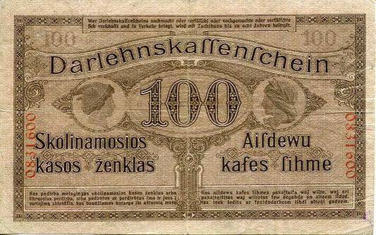 Banknot 100 Marek 1918 r. Kowno ( Okupacja Niemiecka )
