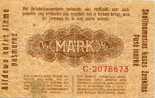 Banknot 1/2 Marki 1918 r. Kowno ( Okupacja Niemiecka )