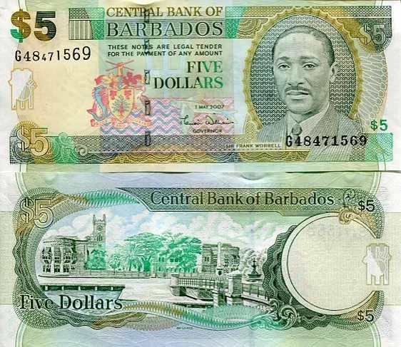 Barbados 5 Dollars 2007 r. UNC