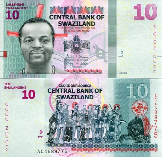 Suazi 10 Emalangeni 2015 r. UNC