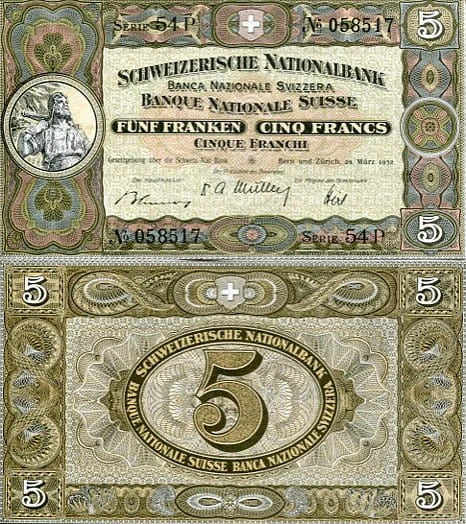 Szwajcaria 5 Franków 1952 r. UNC