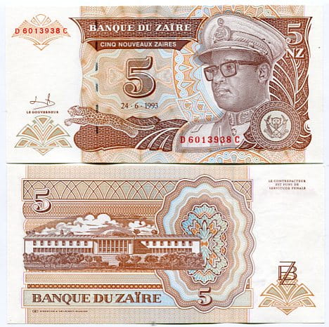 Zair 5 Zaires 1993 r. UNC