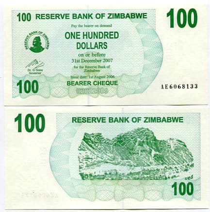 Zimbabwe 100 Dollar 2006 r. UNC