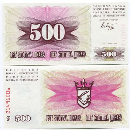 Bośnia i Hercegowina 500 Dinara 1992 r. UNC