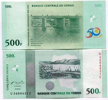 Kongo 500 Francs 2010 r. UNC