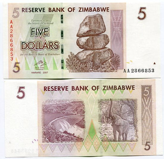 Zimbabwe 5 Dollar 2007 r. UNC