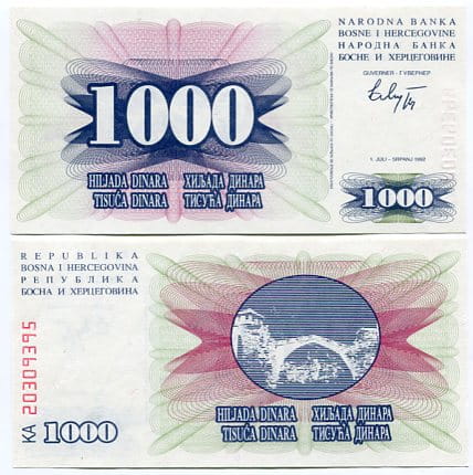 Bośnia i Hercegowina 1000 Dinara 1992 r. UNC
