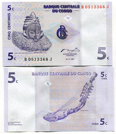 Kongo Demokr. 5 Centime 1997 r. UNC