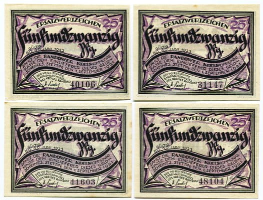Zestaw 4 Notgeld Szczecin Stettin 1921 r. 25 pfennig