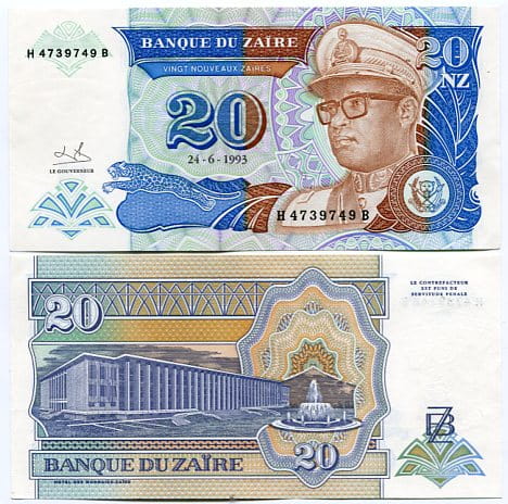 Zair 20 Zaires 1993 r. UNC