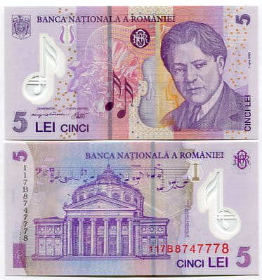Rumunia 5 Lei 2018 r. Polimer UNC