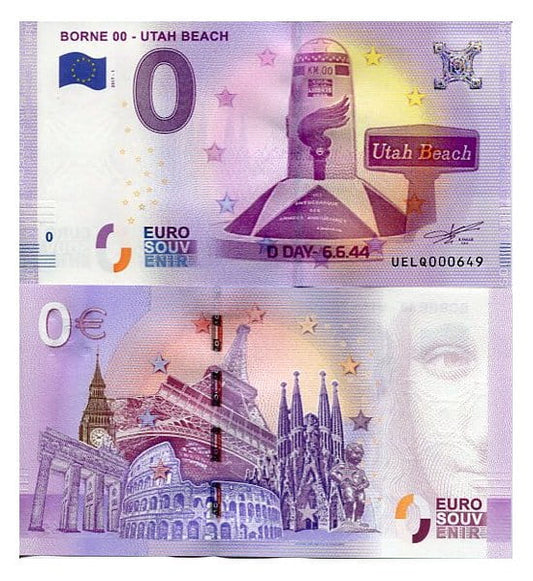 Banknot 0 Euro Francja - Borne 00 Utah Beach