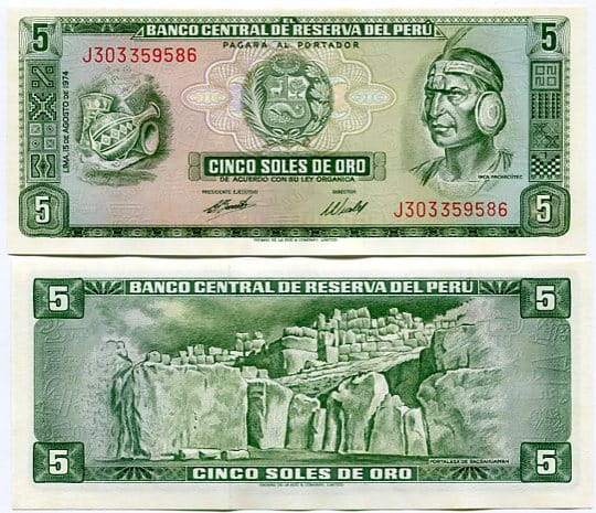 Peru 5 Soles 1974 r. UNC