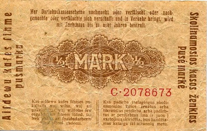 Banknot 1/2 Marki 1918 r. Kowno ( Okupacja Niemiecka )