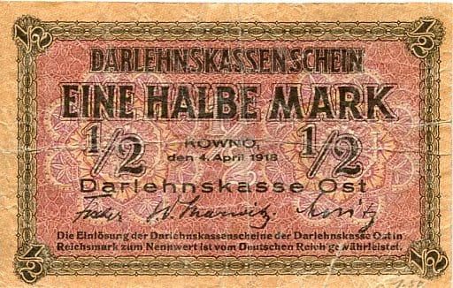 Banknot 1/2 Marki 1918 r. Kowno ( Okupacja Niemiecka )