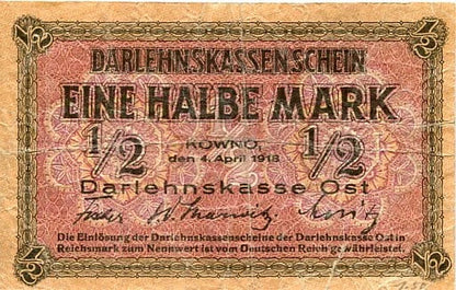 Banknot 1/2 Marki 1918 r. Kowno ( Okupacja Niemiecka )