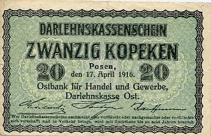 Banknot 20 Kopiejek 1916 r. Poznań ( Okupacja Niemiecka )