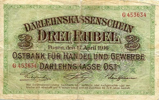 Banknot 3 Ruble 1916 r. Poznań ( Okupacja Niemiecka )