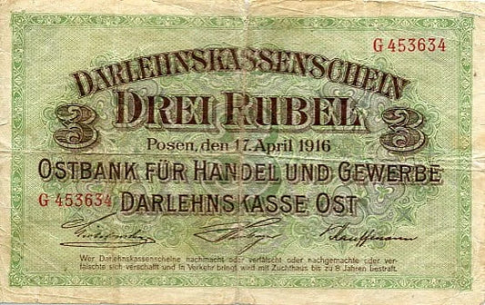 Banknot 3 Ruble 1916 r. Poznań ( Okupacja Niemiecka )