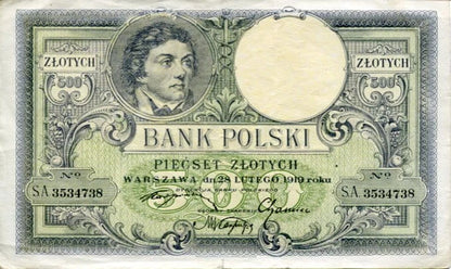 Banknot Polska 500 Złotych 1919 r. SA