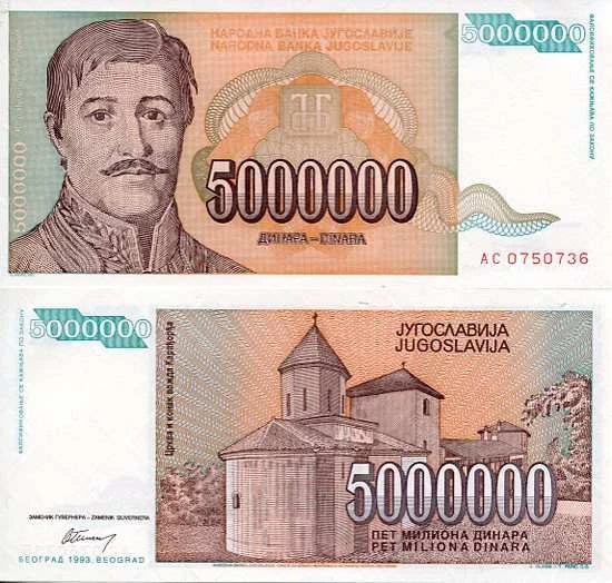 Jugosławia 5000000 Dinara 1993 r. UNC