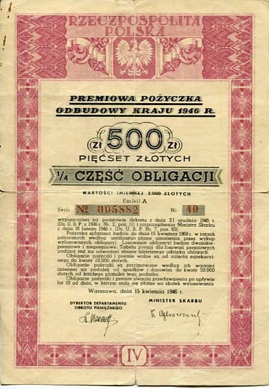 Obligacja 500 zł 1946 r.