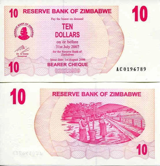 Zimbabwe 10 Dollars 2006 r. UNC